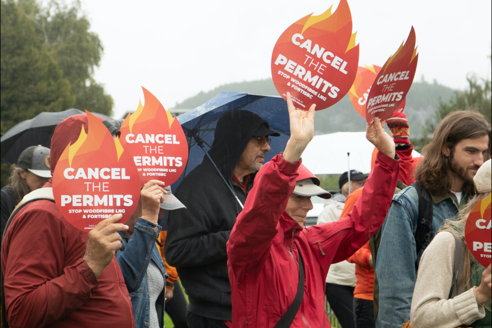 Saturday's demonstration opposed the Woodfibre LNG project, which has a capacity to export 2.1 million tonnes of LNG per year, and the associated FortisBC’s Eagle Mountain–Woodfibre Gas Pipeline, a 47-kilometer pipeline expansion to connect Port Coquitlam to Squamish.