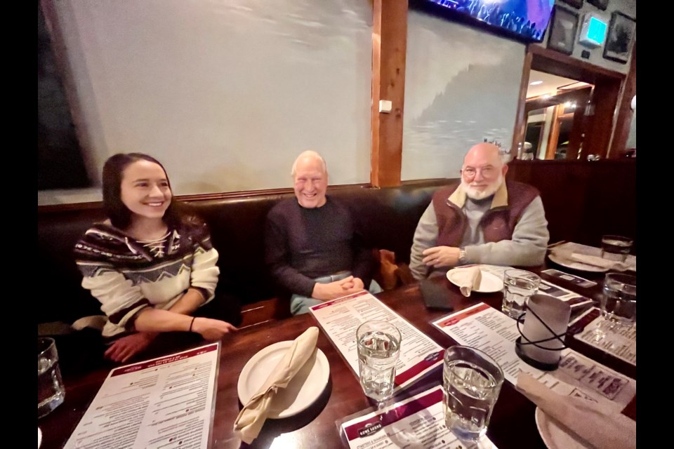 The first local meet-up took place on Dec. 6 at Howe Sound Inn & Brewing. Here, Ellynwood Designs talking with Daniel Wall and Donald Lawton from the Men's Shed. 