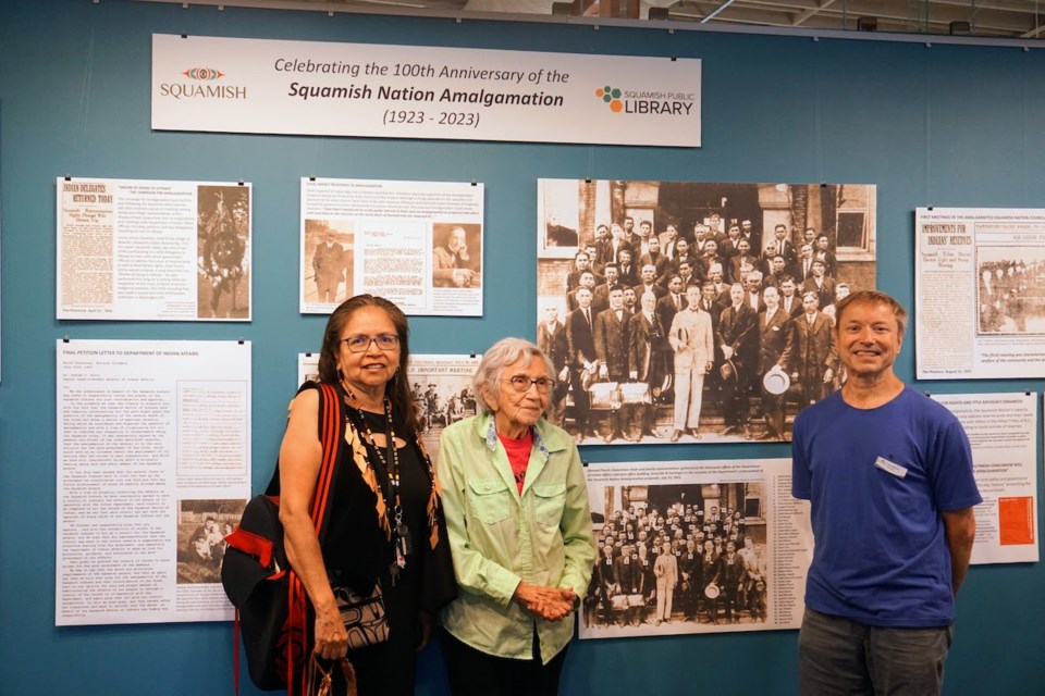 Tsawaysia Spukwus with Elder Gwen Harry and Coun. Eric Andersen at the Lunch and Learn tour at the Squamish Library on July 19.                            