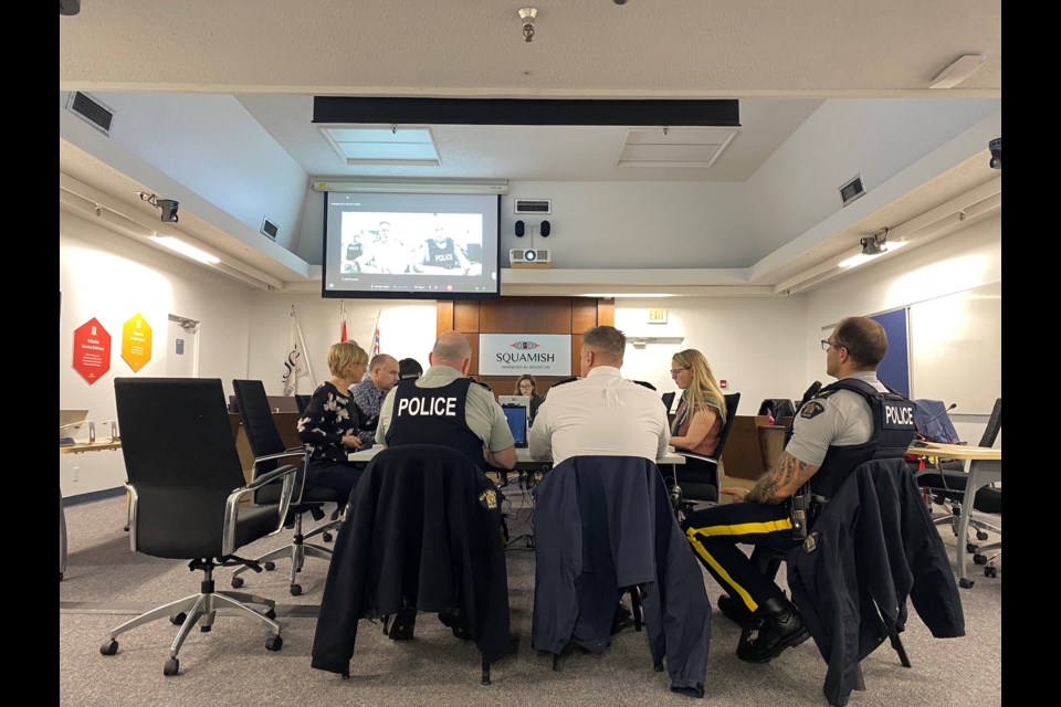Squamish RCMP Staff Sgt. Gareth Bradley and Insp. Robert Dykstra presenting their yearly review of statistics to the District of Squamish.