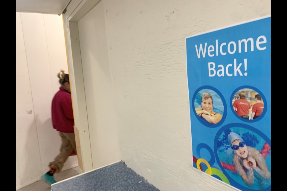 A welcome sign at the pool entrance on April 2. 