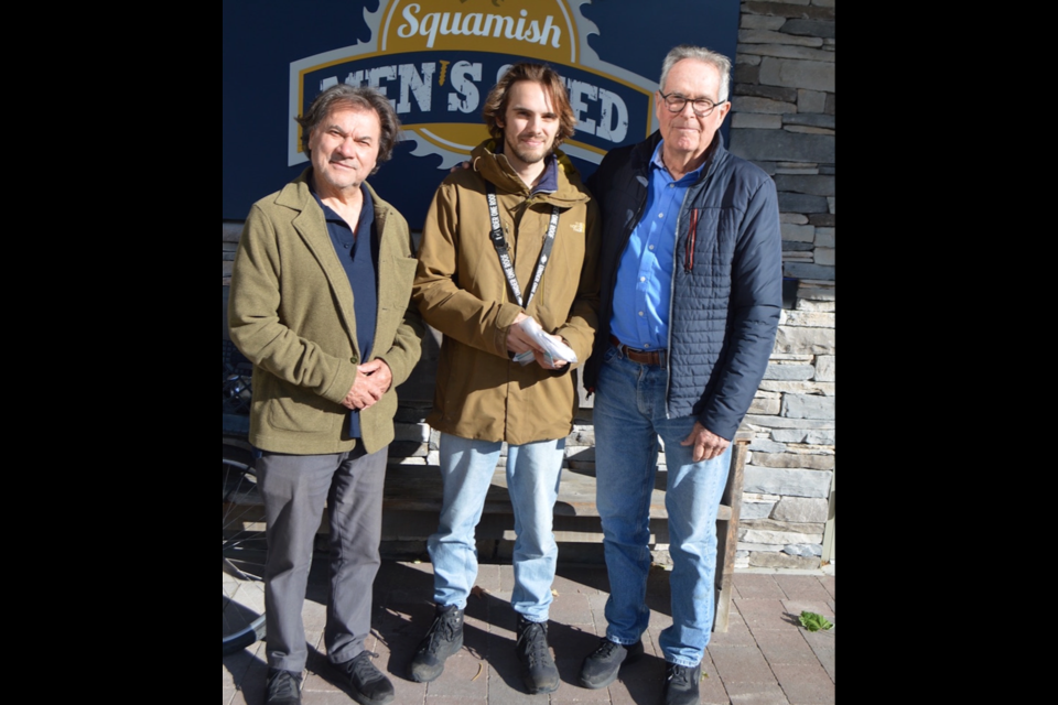 At the recent Squamish Men’s Shed AGM, a $1,200 cheque was presented to The Market (Squamish Food Bank) representative, Colton Belley by the Shed's past president, Robert Goluch (left) and newly elected president, Dr. David Gaytoin (right). 
The money was raised through donations from participants in the Shed's various community projects.
