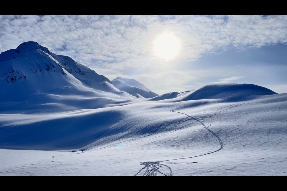 Squamish's Steve Haras sent in this photo of a group ski touring the Spearhead Traverse, shot this week.
The group shown was departing for the day up along Fissile Peak

