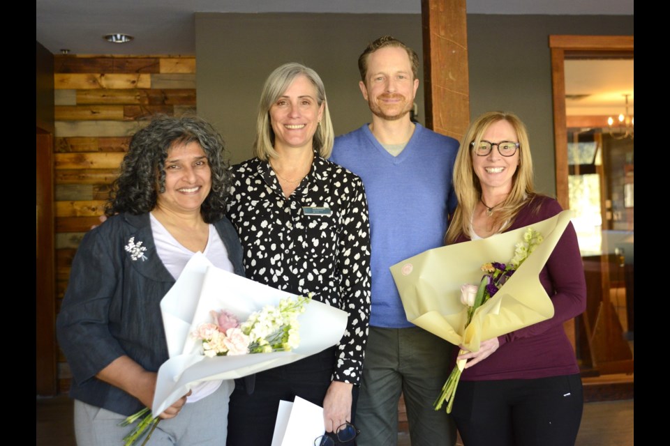 From left to right of Jacqueline Menezes (exiting board member and chair of business advocacy committee), Anne Mackenzie (our new ED), Chris Fehr (our exiting ED), and Catherine Webster (exiting board member and president).