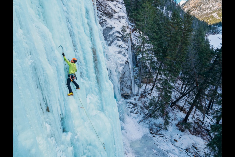 Ice climber Chris Elliot ascends Deeping Wall (WI5) at Marble Canyon Provincial Park northeast of Lillooet on Jan. 20th, 2020.