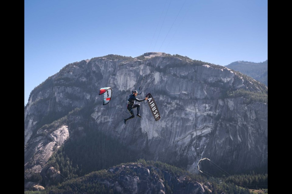 Over the weekend, Squamish photographer Brian Aikens captured local kiteboarder Loren Parfitt mid-air in Howe Sound with the Stawamus Chief in the background. 