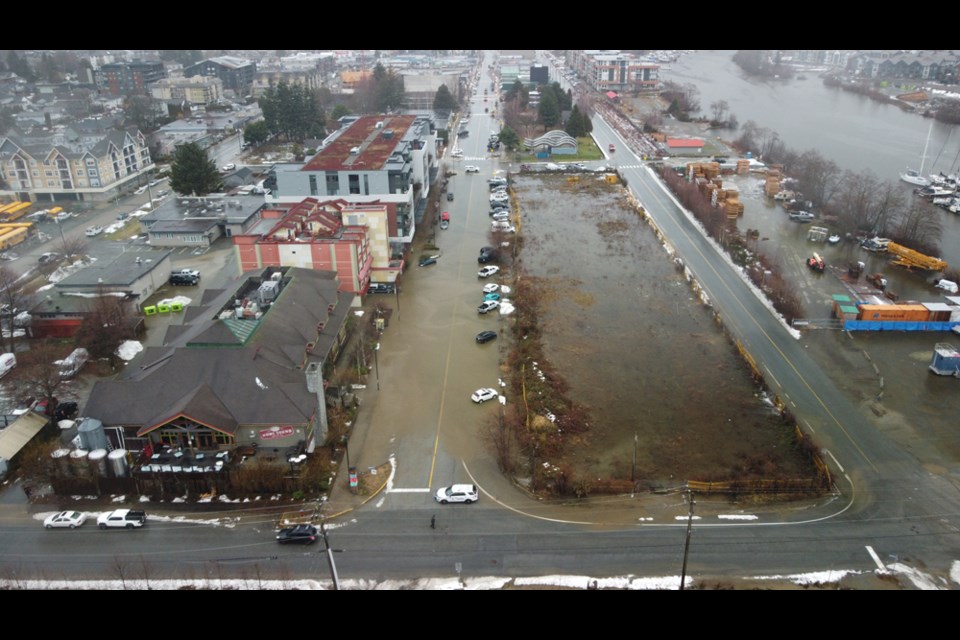 An overhead view of the flooded portions of the downtown on Dec. 27.