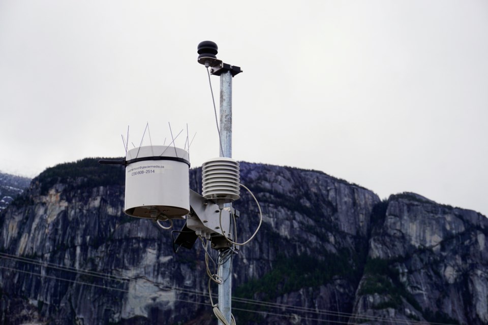 A team installs a new weather monitoring device on The Squamish Chief's roof on April 20.                               