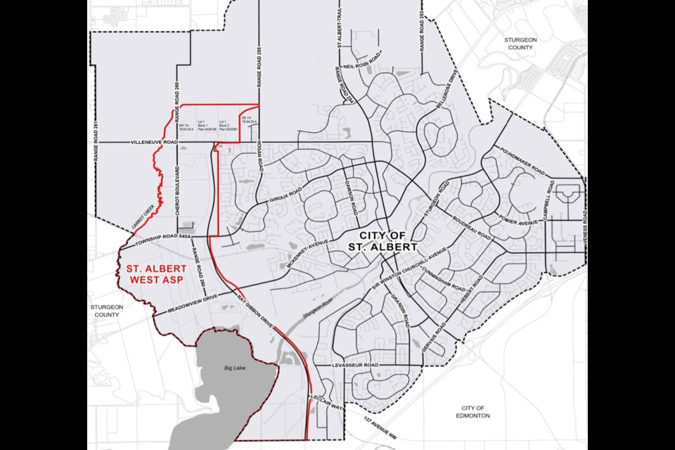 Highlighted in red on this map of St. Albert is the land covered under the proposed West Area Structure Plan (ASP). CITY OF ST. ALBERT/Screenshot