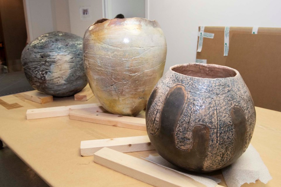 POTTERY STORED — These works by St. Albert artist Elke Blodgett are being stored in the Hemingway Centre pending repairs to their plinths. They are normally on display in St. Albert Place. KEVIN MA/St. Albert Gazette