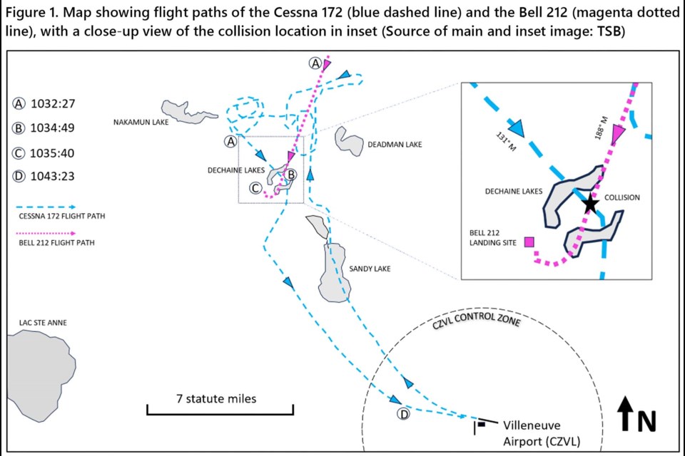 HOW IT HAPPENED — This graphic shows the events of the mid-air collision between an L R Helicopters Inc. helicopter and a Namao Flying Club plane that happened on July 9, 2024. The vehicles collided at point B, with the helicopter landing at C and the plane returning to Villeneuve Airport at D. TRANSPORTATION SAFETY BOARD/Image