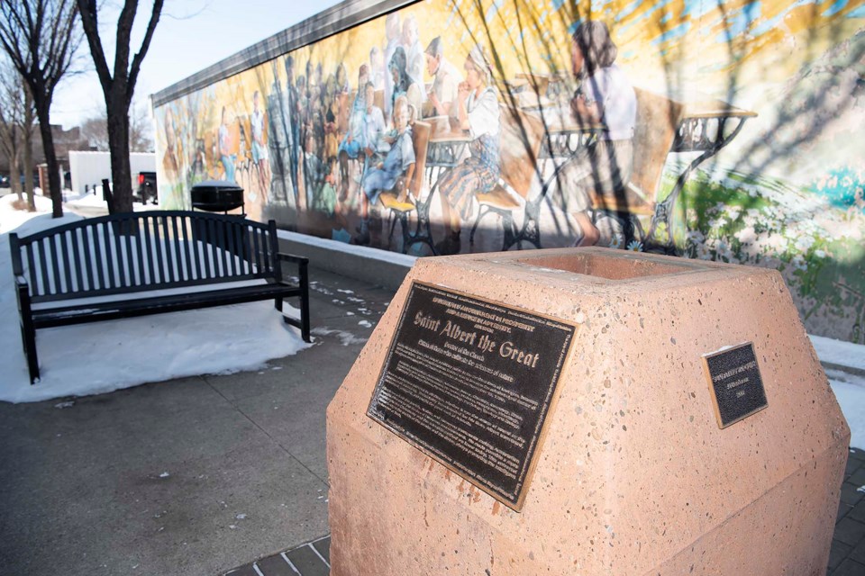 STOLEN — The statue of Saint Albert the Great was reported stolen from this plinth on Perron Street on March 14, 2023. The statue had stood in this location for almost 22 years. KEVIN MA/St. Albert Gazette