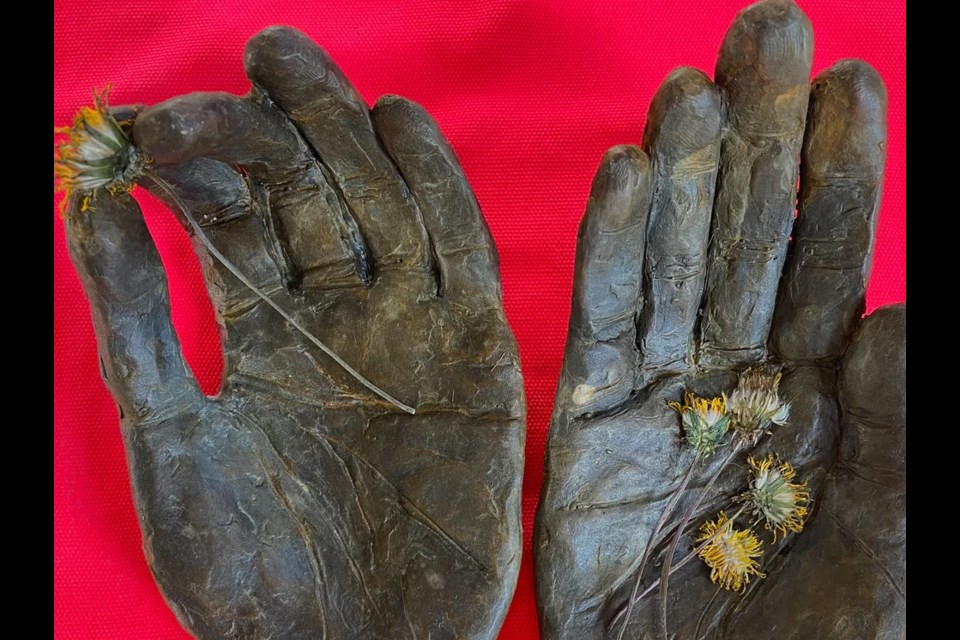 Lara Felsing's bronze hands cup a couple of withered dandelions. The Edson artist's exhibition titled Kinship Ecologies is currently at displayed at Art Gallery of St. Albert.