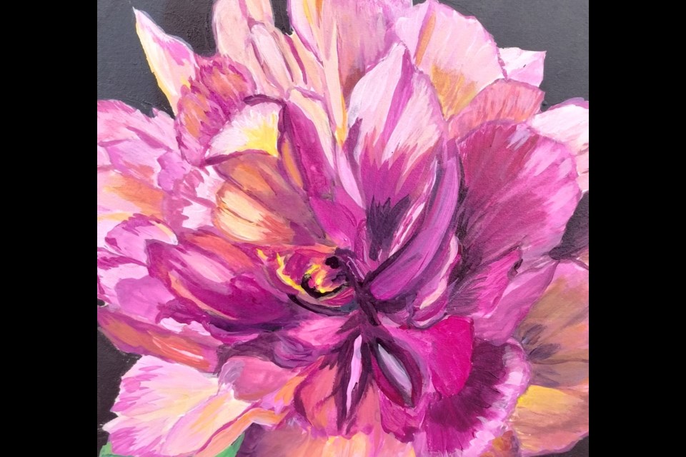 Marg Oevering's love of flowers shines through in Peony, one of the acrylics she will display at the Bookstore on Perron gallery throughout September.