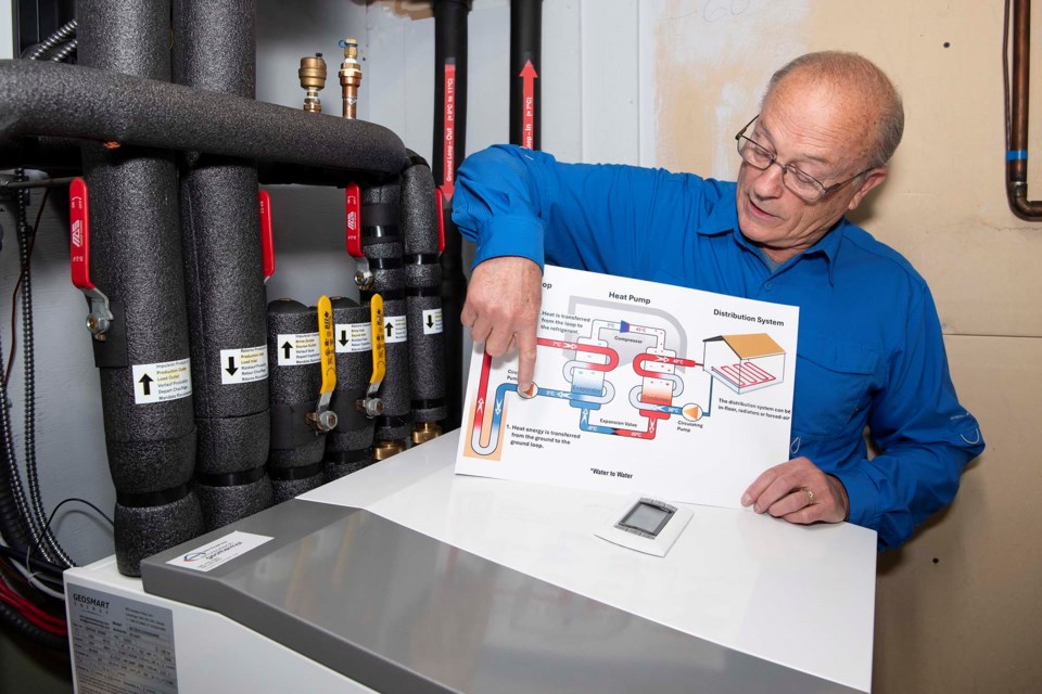 PUMPED ABOUT HEAT — Roger Marchand explains the operation of the ground-source heat pump (the pipes for which are shown here) which heats the air and water in his St. Albert home. Marchand’s ultra-efficient home is part of the 2024 Edmonton Eco-Solar Home Tour. KEVIN MA/St. Albert Gazette