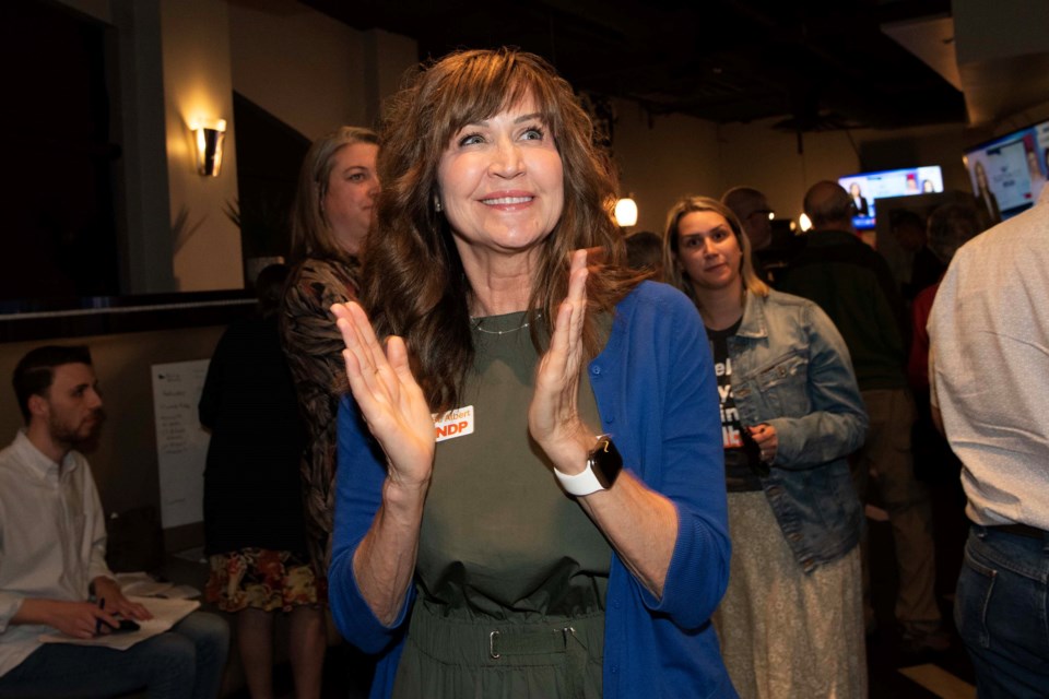 RE-ELECTED- St. Albert NDP candidate Marie Renaud smiles as results show her in the lead during Monday's provincial election. Renaud was re-elected as MLA of St. Albert. KEVIN MA/St. Albert Gazette