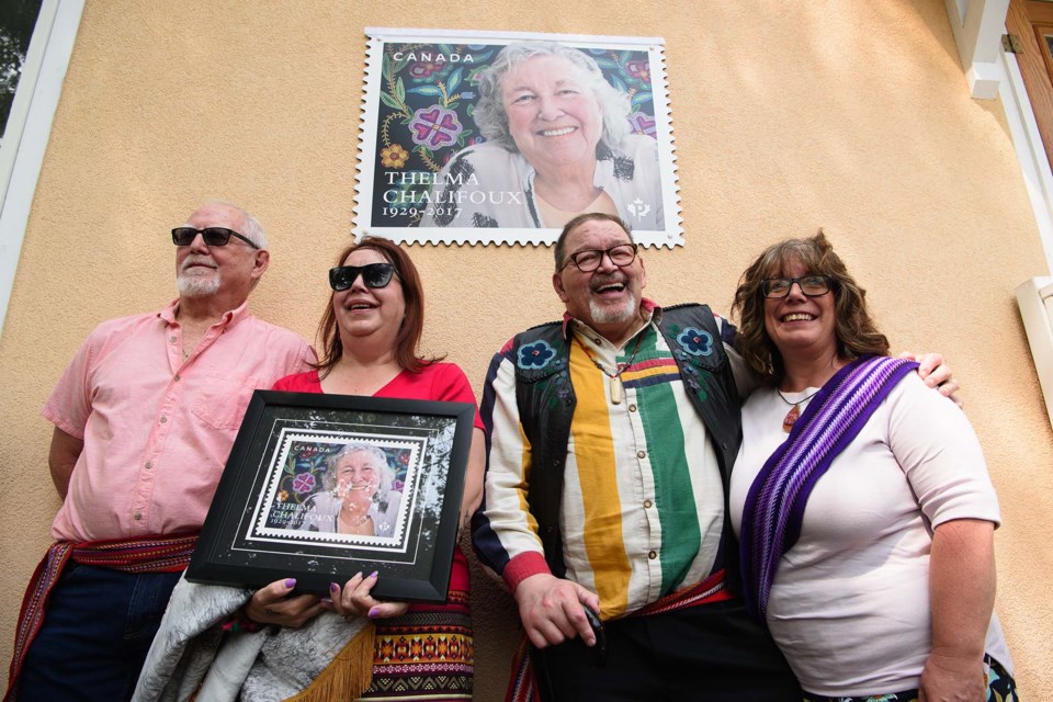 STAMP ON CANADA — Former senator Thelma Chalifoux's four surviving children (L-R) Scott Coulter, Sharon Morin, Robert Coulter, and Julie Handrahan were amongst the 70-some people at Juneau House June 13 for the unveiling of a commemorative stamp that honours Chalifoux. KEVIN MA/St. Albert Gazette