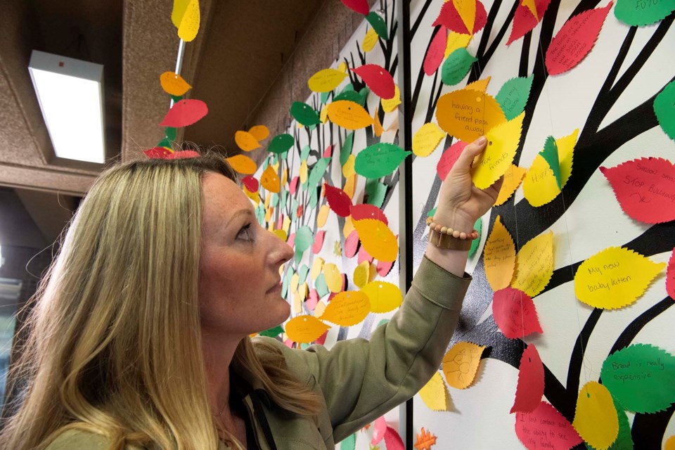MEMORY TREE — City of St. Albert community development co-ordinator Emilee Neilson examines a leaf featured in The Healing Project, which opened at St. Albert Place Sept. 6, 2022. City residents contributed about 700 memories of the COVID-19 pandemic written on leaves for the piece. KEVIN MA/St. Albert Gazette
