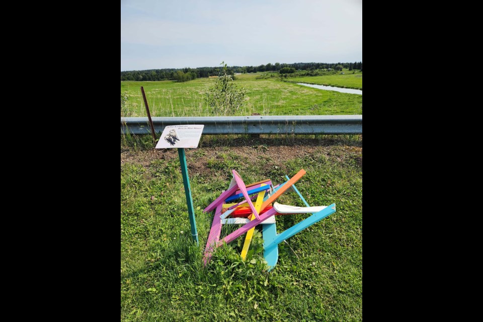 SMASHED — This rainbow-painted deck chair in Bellerose Park was vandalized sometime over the July 29-30, 2023, weekend. Sturgeon County Mayor Alanna Hnatiw has called on anyone with information on this crime to call St. Albert RCMP at 780-458-7700. STURGEON COUNTY/Photo
