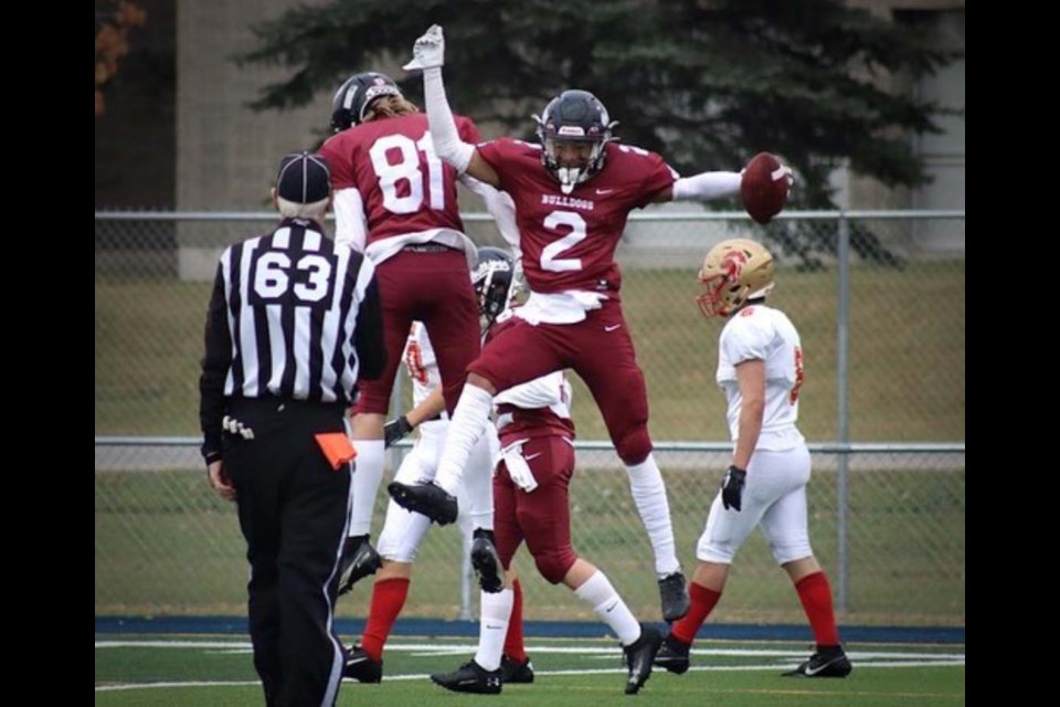 Bellerose bulldogs player Darius Crandell leaps into the air at a game against the Strathcona Lords. SUPPLIED/Dana Satz