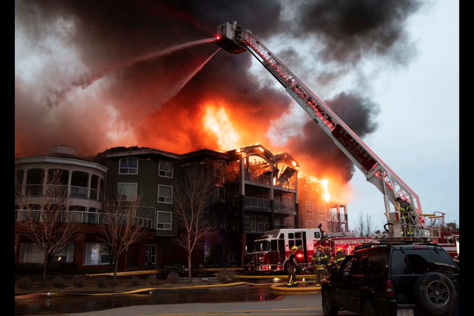 SUBSTANTIAL DAMAGE — The Citadel Mews fire destroyed much of the south half of the fourth floor and sent flaming debris crashing down on cars below. KEVIN MA/St. Albert Gazette