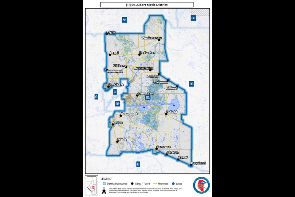 DISTRICT 11 — St. Albert Métis residents will join thousands of others in District 11 this September to vote in the 2023 Otipemisiwak election. District 11 covers a wide swath of Alberta, as shown here. MÉTIS NATION OF ALBERTA/Photo