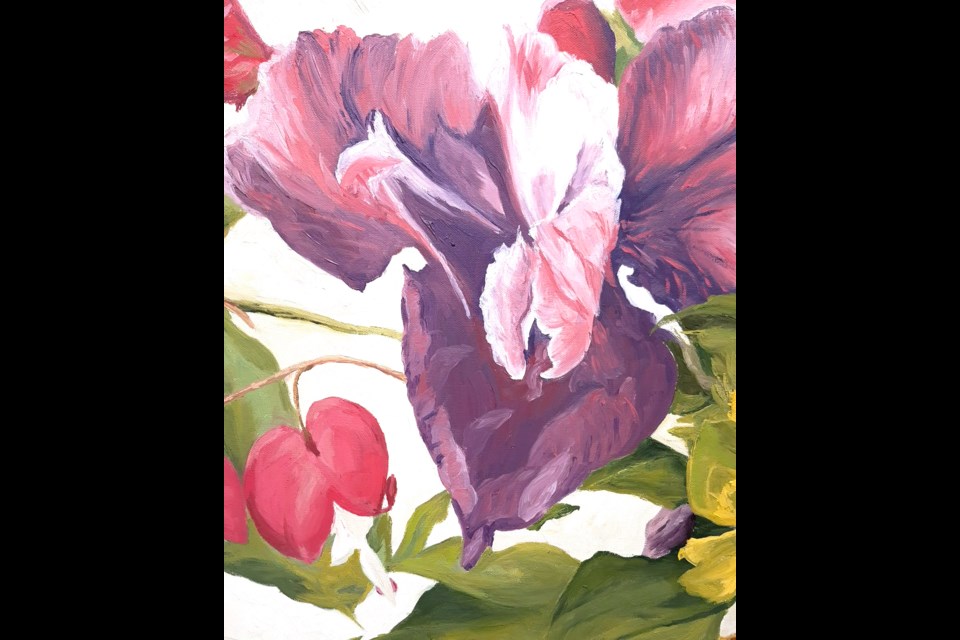 Sandra Elsinga painted Garden Glory, an art piece of bleeding-heart flowers now on display at VASA until April 26. 