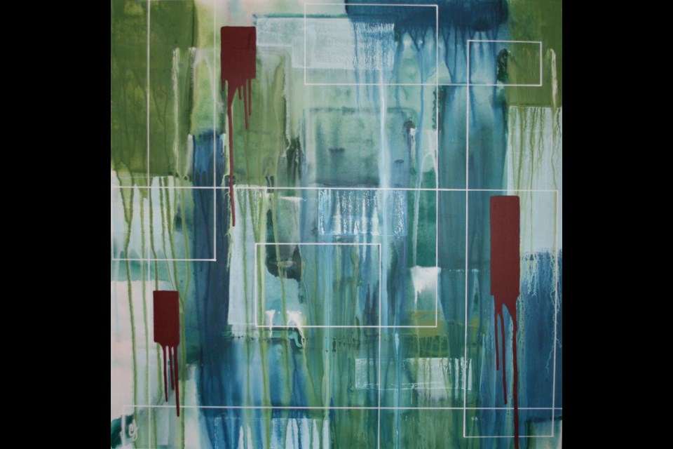 Sylvan Lake visual artist Carolyn Jerrard's painting, Hold the Line, uses rectangles as symbolic meanings of stability. Her collection of abstracts, OUT OF LINE..., is on view at VASA. CAROLYN JERRARD 