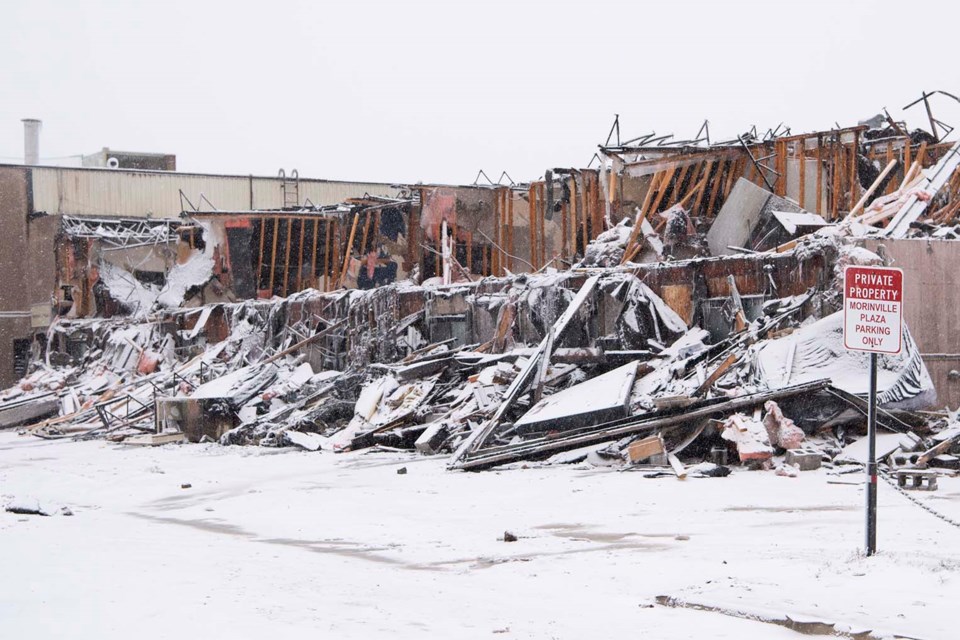 WRECKED — The Morinville Plaza and Suites at 10219 100 Ave. as it appeared on Nov. 7, 2022. A fire on the second floor destroyed the suite part of the complex the previous night. No injuries or deaths were reported. KEVIN MA/St. Albert Gazette