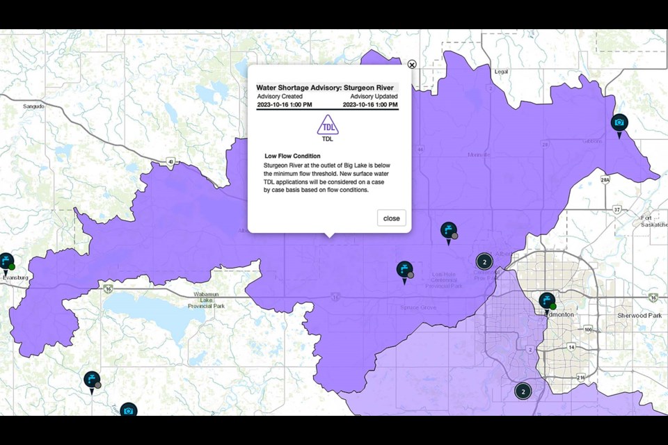 WATER SHORTAGE — The Sturgeon River watershed has been under a water shortage advisory since October 16, 2023. The advisory restricts new temporary water diversion licenses. ALBERTA ENVIRONMENT/Screenshot