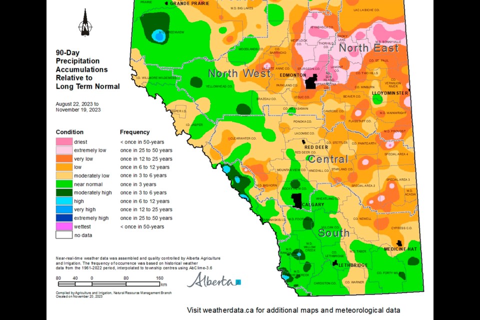 DRY FALL — Much of Sturgeon County was the driest it had been in 50 years in terms of total precipitation as of Nov. 15, Alberta Agriculture reports. The dry weather has likely contributed to low flows in the Sturgeon River. ALBERTA CLIMATE INFORMATION SERVICE/Graphic