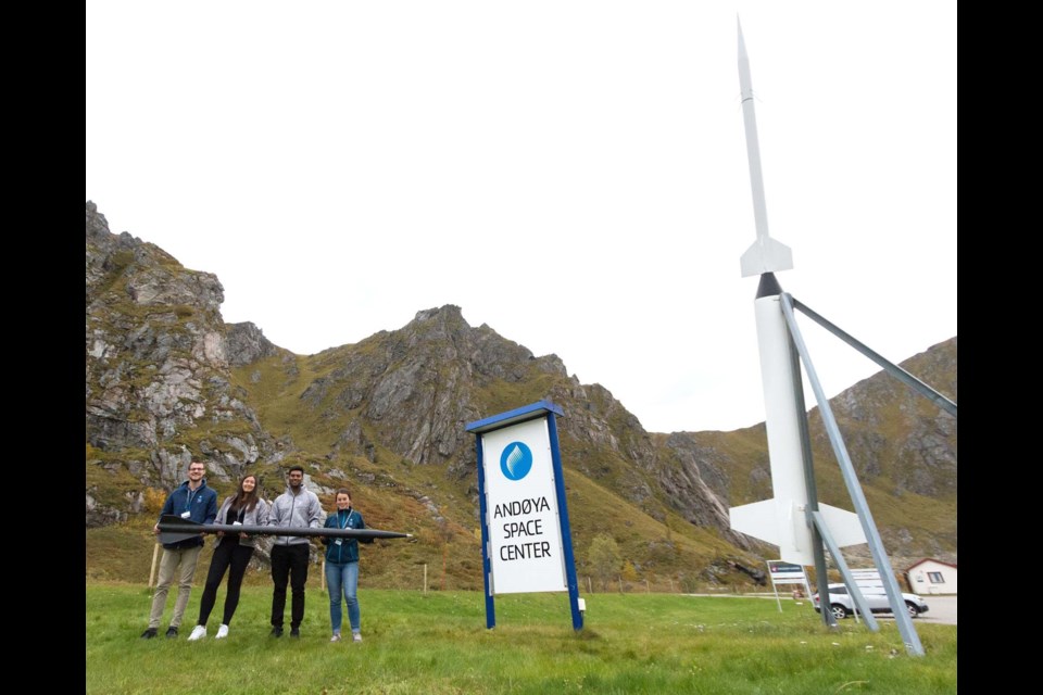 READY FOR LIFTOFF – St. Albert's Katherine Lee holds the large rocket she helped build earlier this month in Norway as part of the CaNoRock exchange program along with her fellow U of A students André Ulliac, Devon Saroya, and Casia McLeod. The week-long exchange program has students get hands-on experience with space science by building and launching a rocket-powered atmospheric probe. 