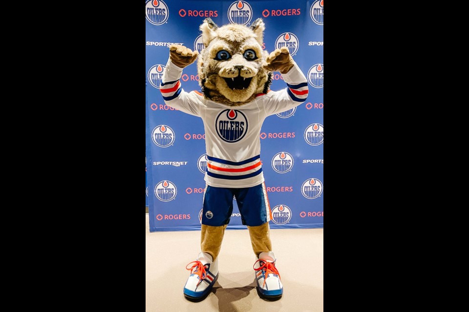 RAWR! — W.D. Cuts student Hudson Harrington. shown here in costume, rallied the crowd at the Dec. 10, 2023, Edmonton Oilers game at Rogers Place as Kit the mascot. Harrington won the chance to perform as Kit through the Next Gen Game contest. COLLEEN HARRINGTON/Photo