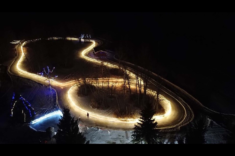 ICE LOOP — An aerial view of the Sturgeon County Skating Trail in Cardiff Park which opened Jan. 11, 2021. The free outdoor skating rink was illuminated and open to the public from 8 a.m. to 10 p.m. STURGEON COUNTY /Photo