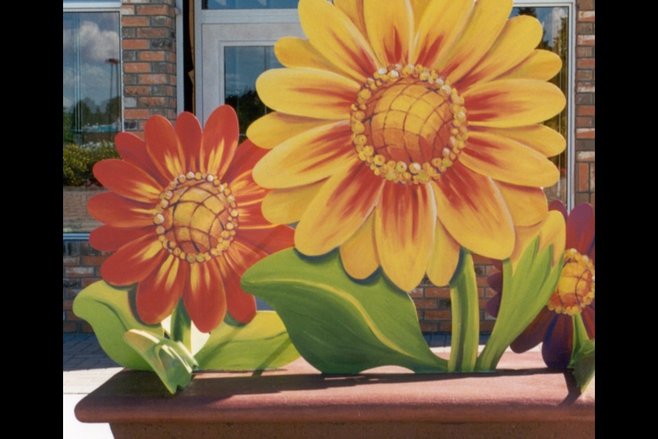Blooms Bench, located in St. Albert's downtown core, was commissioned in 2006 as a piece of public art.