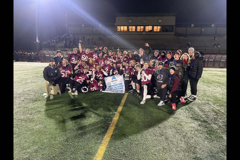 The junior Bellerose Bulldogs football team poses after their Metro Edmonton junior league championship win against the Harry Ainlay Titans junior team. SUPPLIED/photo