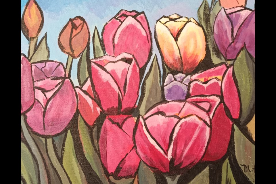 Margo Oevering's Tulip Pop-up is a reminder of spring's new beginnings. Her painting is part of St. Albert Painters' Guild spring show.