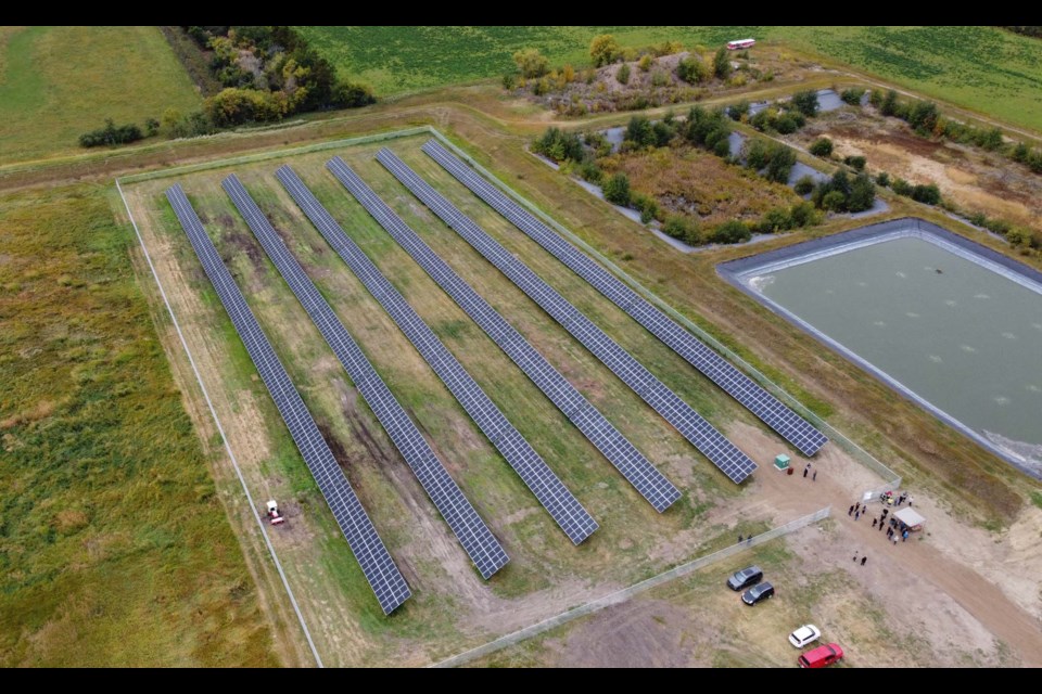 IT'S BIG — An aerial view of the new Bon Accord solar array. Each row of panels is about 144 m long and 4 metres high. Combined together, the panels would cover a little more than eight basketball courts. DANDELION RENEWABLES/Photo