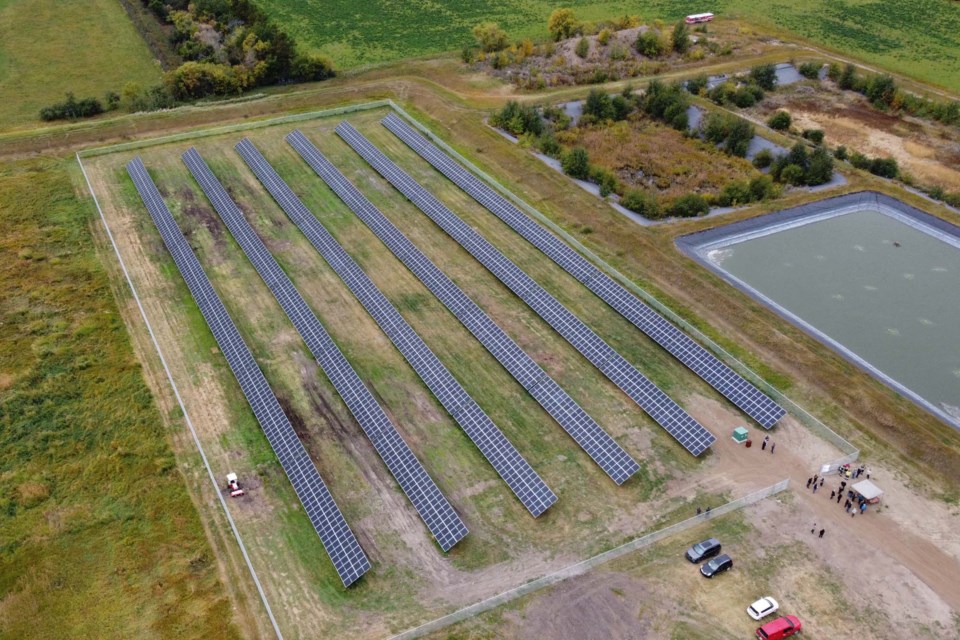 An aerial view of the new Bon Accord solar array. Each row of panels is about 144 m long and 4 metres high. Combined together, the panels would cover a little more than eight basketball courts. DANDELION RENEWABLES/Photo