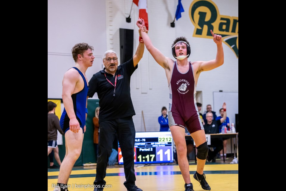 Bellerose Bulldog wrestler Jamie Clark celebrates semi-final win against Nikita Tsyruk of Grande Prairie Composite High School, to advance to ASAA Wrestling Provincial Championship match in Lethbridge, Alberta, on March 17, 2023.  Bill Bain/ Photo