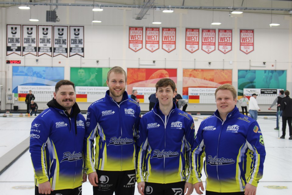 From left to right: Jake Libbus, Nathan Molberg, Zachary Pawliuk, and Mike Henricks pose in their Team Alberta jackets  at the Saville Sports Centre in Edmonton.
