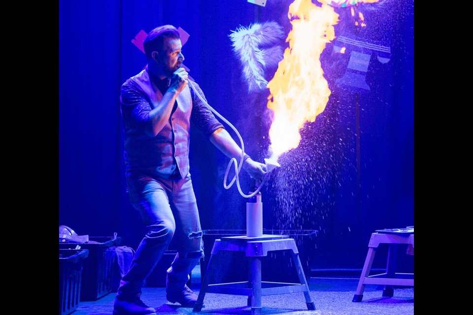 Professor Noel Edge (David Lampard) creates fireball from a homemade contraption in The Alphabet of Awesome Science playing at St. Albert's Arden Theatre on April 26.