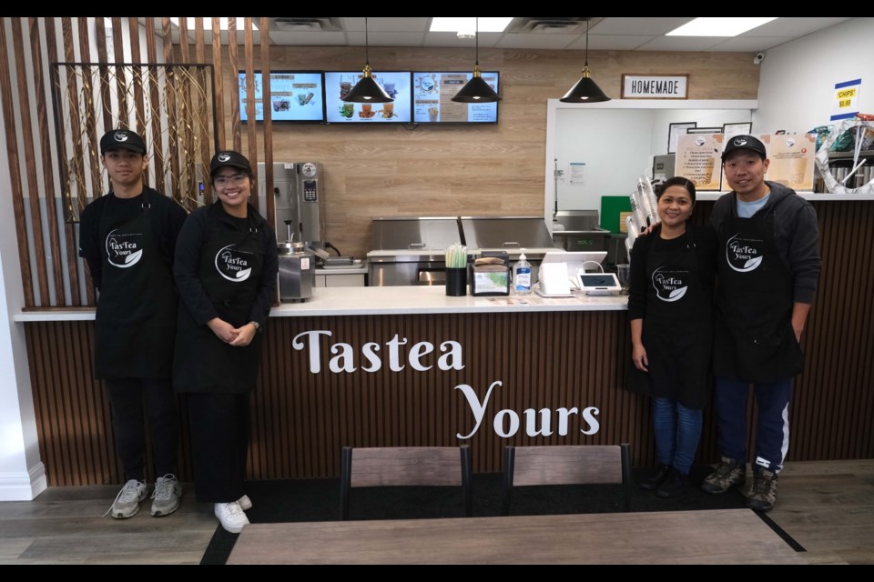 Members of the Lomibao/Odiaz family at TasTea Yours, their new bubble tea shop, in St. Albert. From left to right: Brent Lomibao, Micah Odiaz, Marilou Lomibao and Albren Lomibao. RILEY TJOSVOLD/St. Albert Gazette