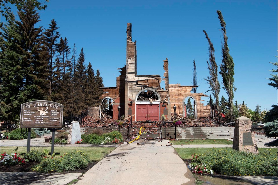 HEARTBREAKING — A view of the front of the St. Jean Baptiste Church in Morinville after it burned to the ground on June 30, 2021. The church had served as the metaphorical heart of the town for some 114 years. KEVIN MA/St. Albert Gazette