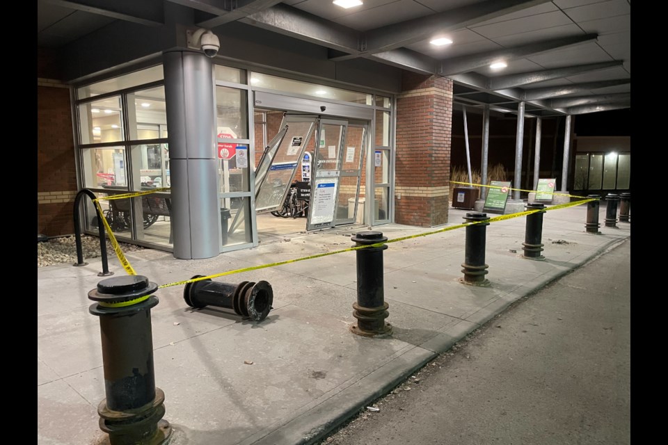 The Sturgeon Hospital main entrance doors after a tricked drove into the building around 8 p.m.