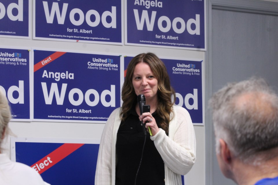 Angela Wood addresses her supporters early in the night after it was clear NDP incumbent Marie Renaud was going to earn her third term.
