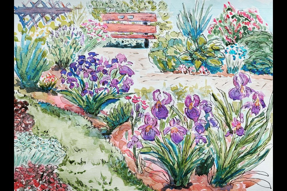 Luise Mendler-Johnson's whimsical view of St. Albert Botanic Park showcases Irises in bloom.