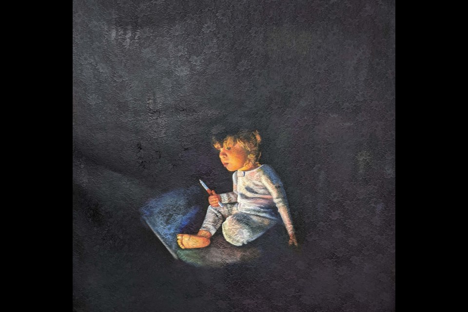 In her oil painting, Small in the Dark, Megan Klak visualizes the isolation and loneliness that is viewed through a digital instruments glow.  Four of her oil paintings are now on display at Art Gallery of St. Albert until Jan. 27, 2024. MEGAN KLAK
