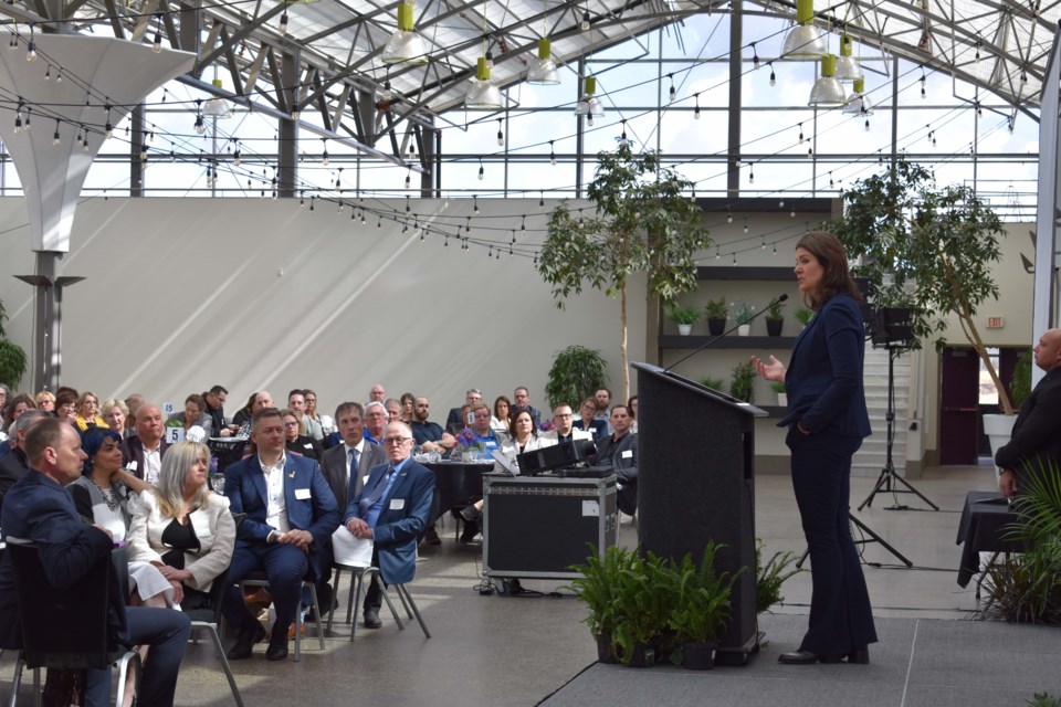 Alberta Premier Danielle Smith speaks to a crowd at the Enjoy Centre on Wednesday afternoon.
HOLLY GOLDMANE/ Supplied