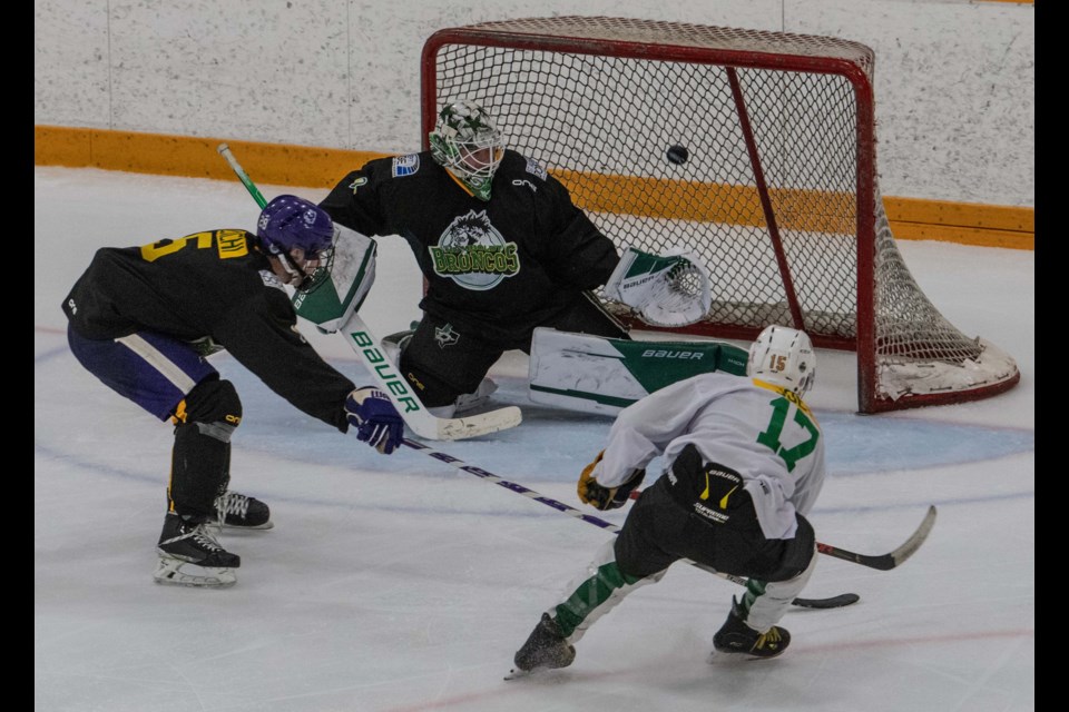 Mitchell Kruk(17) scores on Matt Murray during a game between Team Lukan (in Black) and Team Joseph (white) at the Troy Murray Arena as part of the Humbolt Broncos Memorial Tournament in St. Albert on Saturday July 11 JOHN LUCAS/St. Albert Gazette